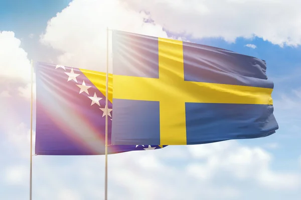 Sunny Blue Sky Flags Sweden Bosnia — ストック写真
