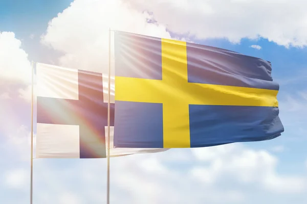 Sunny Blue Sky Flags Sweden Finland — Stok fotoğraf