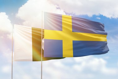 Sunny blue sky and flags of sweden and pakistan