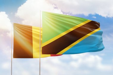Sunny blue sky and flags of tanzania and belgium