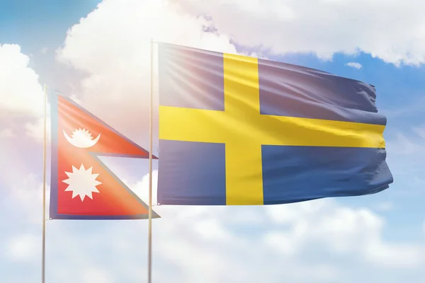 Sunny Blue Sky Flags Sweden Nepal — Zdjęcie stockowe