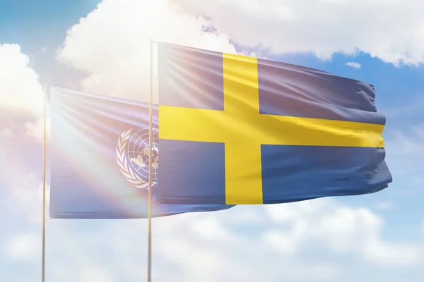 Sunny Blue Sky Flags Sweden United Nations — ストック写真