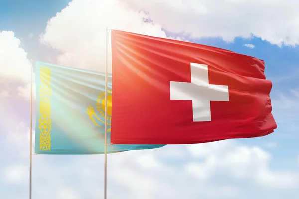 Sunny Blue Sky Flags Switzerland Kazakhstan — Stock Photo, Image