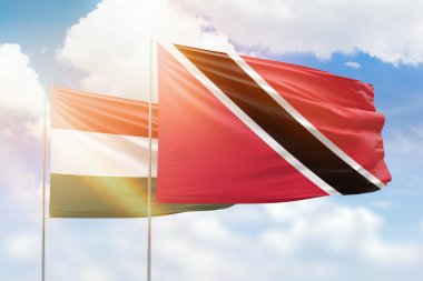 Sunny blue sky and flags of trinidad and tobago and hungary