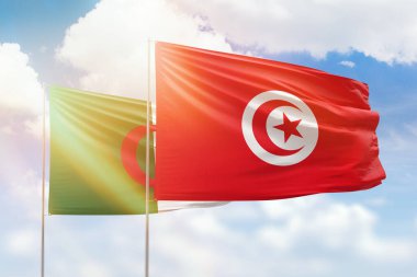 Sunny blue sky and flags of tunisia and algeria