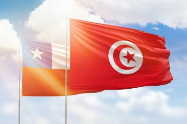 Sunny blue sky and flags of tunisia and chile