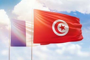 Sunny blue sky and flags of tunisia and france