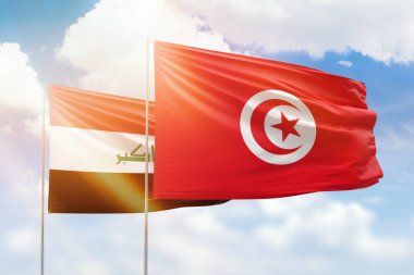 Sunny blue sky and flags of tunisia and iraq
