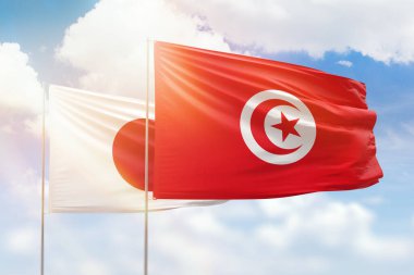 Sunny blue sky and flags of tunisia and japan