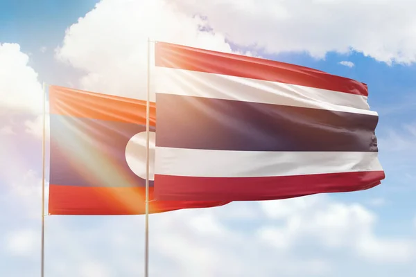 Sunny Blue Sky Flags Thailand Laos — 图库照片