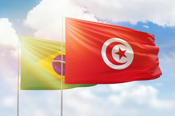 Sunny Blue Sky Flags Tunisia Brazil — ストック写真