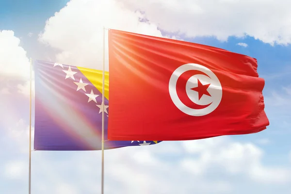 Sunny Blue Sky Flags Tunisia Bosnia — Fotografia de Stock