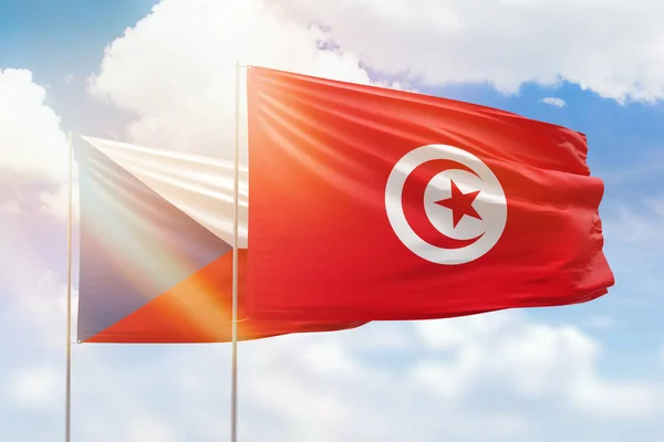 Sunny Blue Sky Flags Tunisia Czechia — Stockfoto