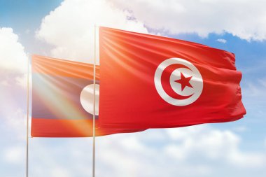 Sunny blue sky and flags of tunisia and laos