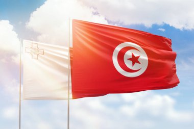 Sunny blue sky and flags of tunisia and malta