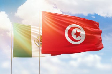 Sunny blue sky and flags of tunisia and mexico