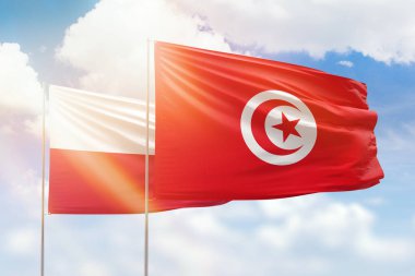 Sunny blue sky and flags of tunisia and poland