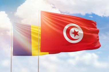 Sunny blue sky and flags of tunisia and romania