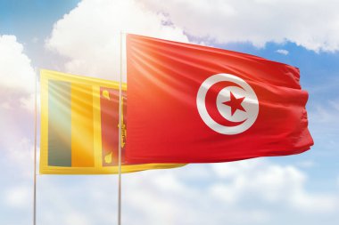 Sunny blue sky and flags of tunisia and sri lanka