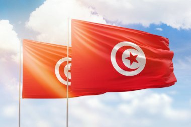Sunny blue sky and flags of tunisia and tunisia
