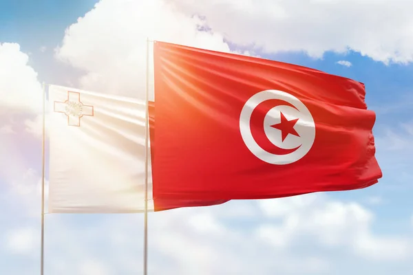 Sunny Blue Sky Flags Tunisia Malta — ストック写真