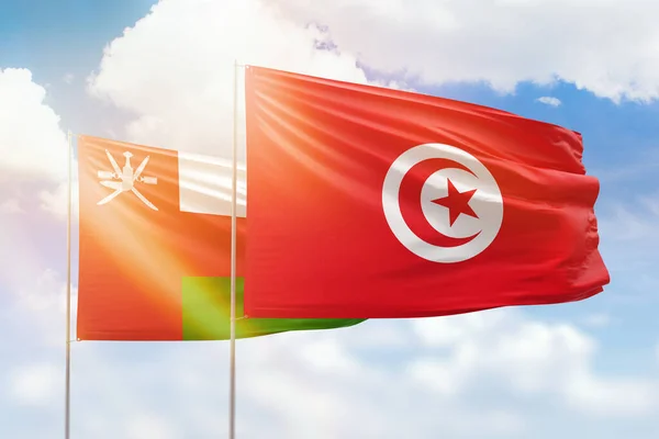 Sunny Blue Sky Flags Tunisia Oman — Fotografia de Stock