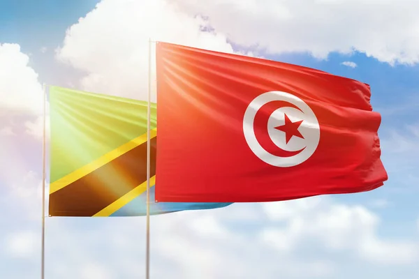 Sunny Blue Sky Flags Tunisia Tanzania — Fotografia de Stock