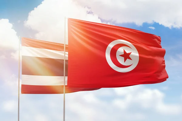 Sunny Blue Sky Flags Tunisia Thailand — Fotografia de Stock