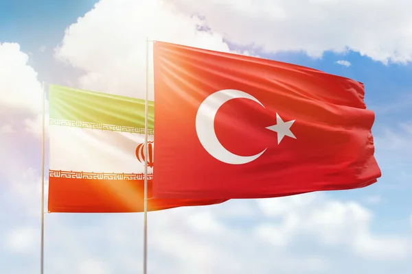 Sunny Blue Sky Flags Turkey Iran — Stock Photo, Image