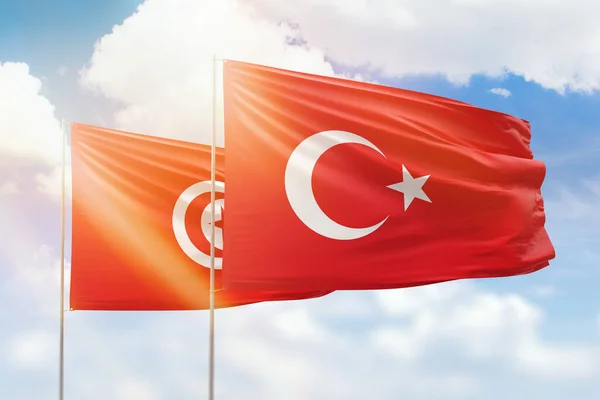 Sunny blue sky and flags of turkey and tunisia