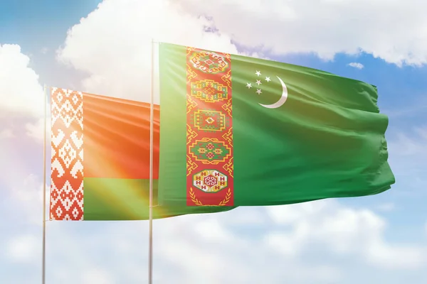 Sunny Blue Sky Flags Turkmenistan Belarus — Stock fotografie