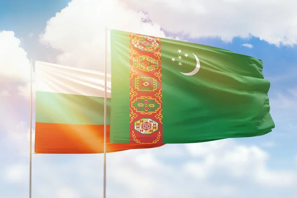 Sunny Blue Sky Flags Turkmenistan Bulgaria — Stock fotografie