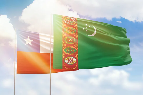Sunny Blue Sky Flags Turkmenistan Chile — Stock fotografie