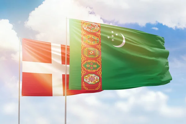 Sunny Blue Sky Flags Turkmenistan Denmark — Stock fotografie