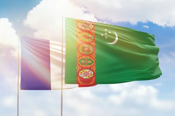 Sunny Blue Sky Flags Turkmenistan France — 스톡 사진