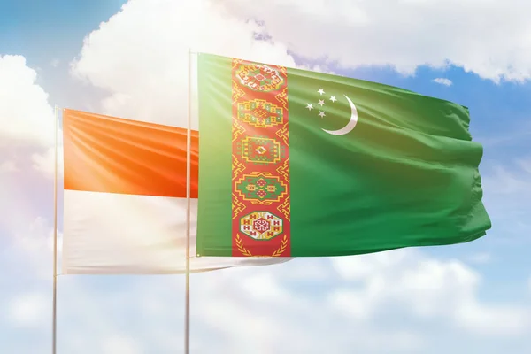 Sunny Blue Sky Flags Turkmenistan Indonesia —  Fotos de Stock