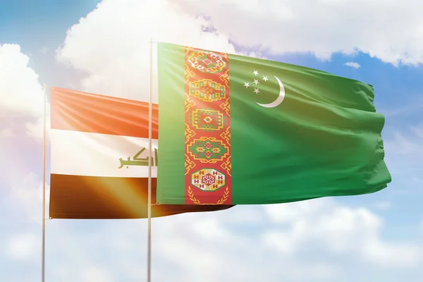Sunny Blue Sky Flags Turkmenistan Iraq — Stock fotografie