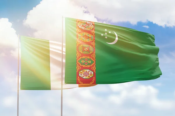 Sunny Blue Sky Flags Turkmenistan Ireland — Stock fotografie