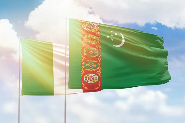 Sunny Blue Sky Flags Turkmenistan Italy —  Fotos de Stock