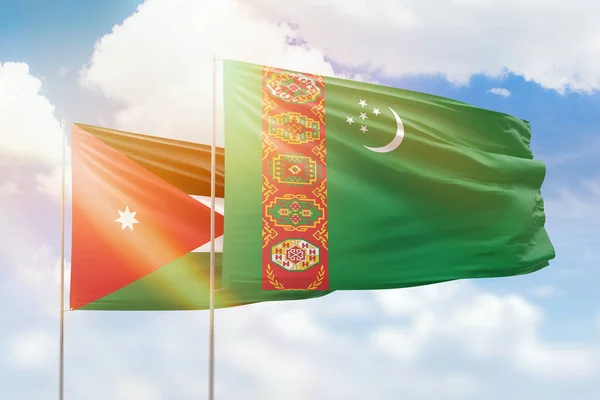 Sunny Blue Sky Flags Turkmenistan Jordan — Stock fotografie