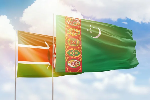 Sunny Blue Sky Flags Turkmenistan Kenya — Stock fotografie