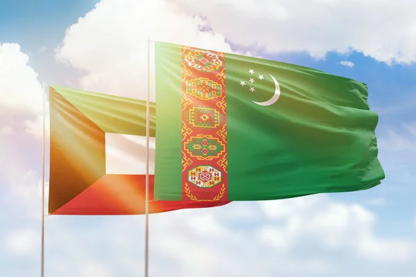 Sunny Blue Sky Flags Turkmenistan Kuwait — Stock fotografie