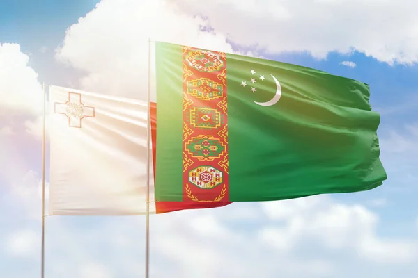 Sunny Blue Sky Flags Turkmenistan Malta — Stock fotografie