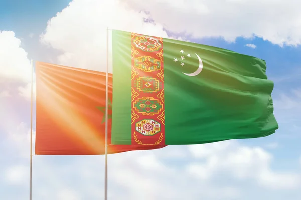 Sunny Blue Sky Flags Turkmenistan Morocco —  Fotos de Stock
