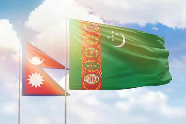 Sunny Blue Sky Flags Turkmenistan Nepal — Fotografie, imagine de stoc