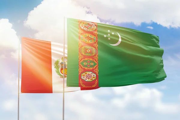 Sunny Blue Sky Flags Turkmenistan Peru —  Fotos de Stock