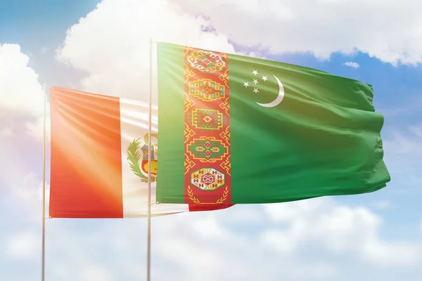 Sunny Blue Sky Flags Turkmenistan Peru — 스톡 사진