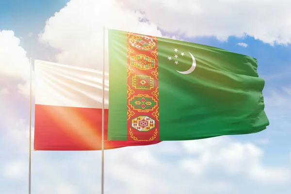 Sunny Blue Sky Flags Turkmenistan Poland — Stock fotografie