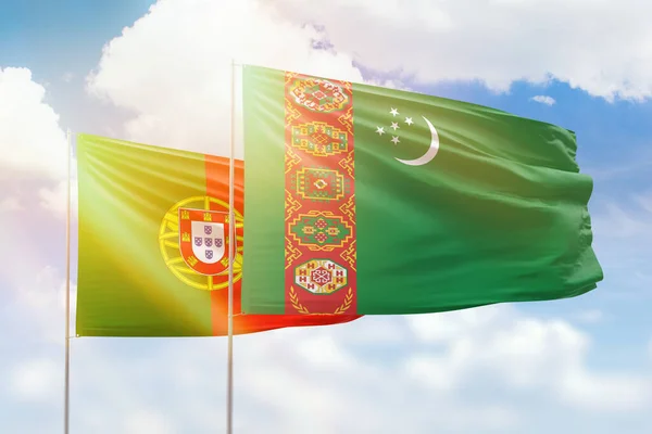 Sunny Blue Sky Flags Turkmenistan Portugal —  Fotos de Stock