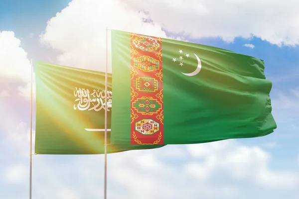 Sunny Blue Sky Flags Turkmenistan Saudi Arabia — Stock fotografie
